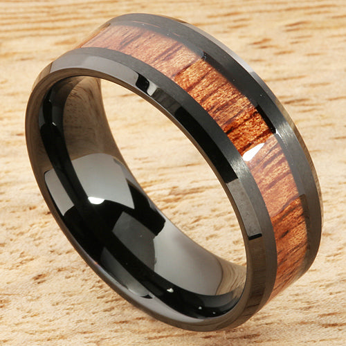 8mm Natural Hawaiian Koa Wood Inlaid Tungsten Beveled Edge Wedding Ring Iron Plated Black