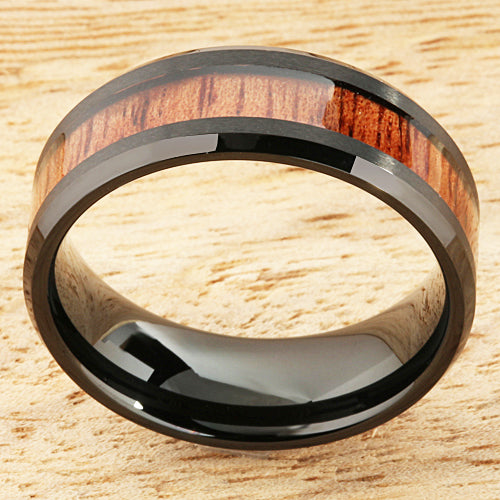 8mm Natural Hawaiian Koa Wood Inlaid Tungsten Beveled Edge Wedding Ring Iron Plated Black