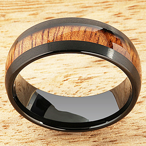 Black Tungsten Natural Hawaiian Koa Wood Inlaid Mens Wedding Ring Barrel Shape 8mm/6mm Set