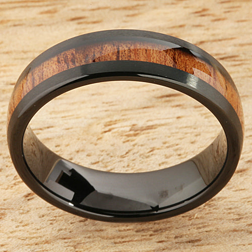 Black Tungsten Natural Hawaiian Koa Wood Inlaid Mens Wedding Ring Barrel Shape 8mm/6mm Set