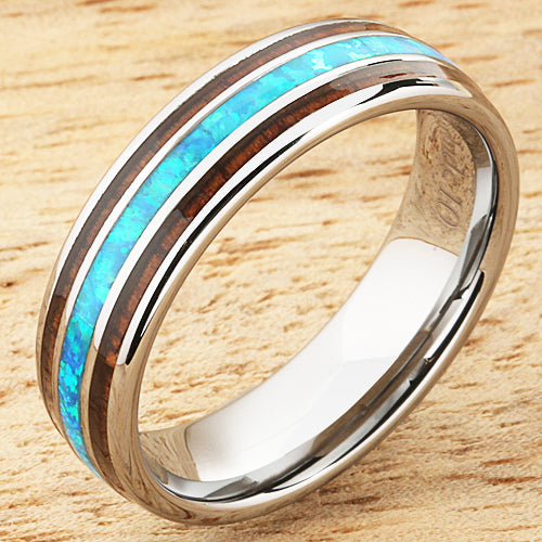 Koa Wood Opal Tungsten Wedding Ring Center/Opal 6mm Barrel Shape Hawaiian Ring