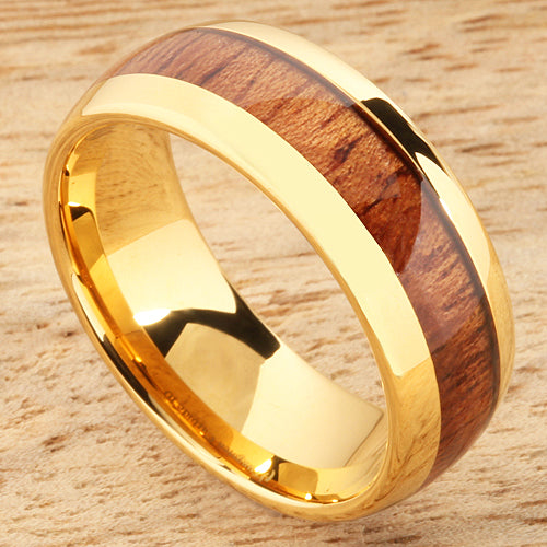 8mm Natural Hawaiian Koa Wood Inlaid Tungsten Oval Wedding Ring Yellow Gold Plated