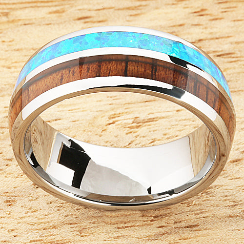Opal Koa wood Ring Tungsten Comfort fit mens wedding ring – Nakoa