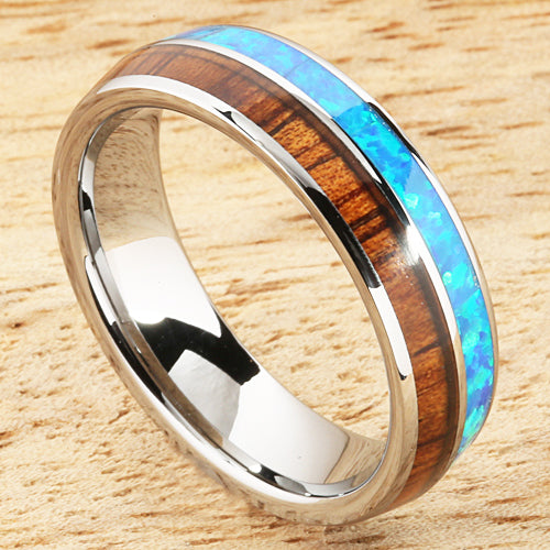 Koa Wood Opal Tungsten Two Tone Wedding Ring Half Wood/Opal 6mm Barrel Shape Hawaiian Ring