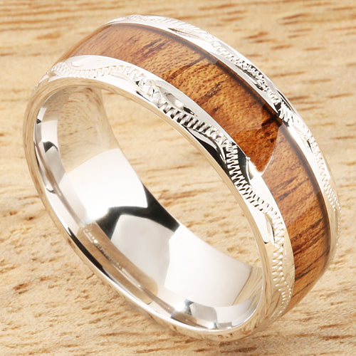 Sterling Silver Koa Wood Wedding Ring Hand-made Scroll Engraving 8mm