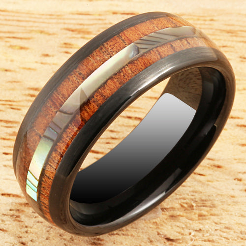 Koa Wood Ring  Abalone Inlay Black Tungsten Wedding Ring Central Abalone 8mm Barrel Shape