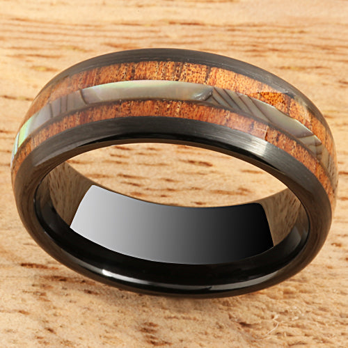 Koa Wood Ring  Abalone Inlay Black Tungsten Wedding Ring Central Abalone 8mm Barrel Shape