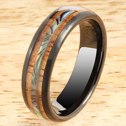 Koa Wood Ring  Abalone Inlay Black Tungsten Wedding Ring Central Abalone 6mm Barrel Shape