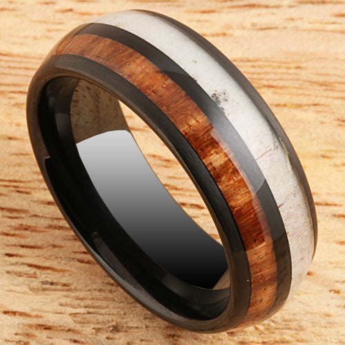 Koa Wood Ring Deer Antler Style Black Tungsten Wedding Ring 8mm Barrel Shape