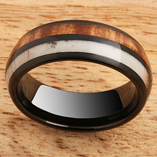 Koa Wood Ring Deer Antler Style Black Tungsten Wedding Ring 8mm Barrel Shape