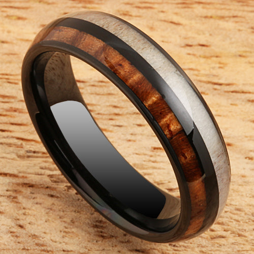 Koa Wood Ring  Deer Antler Style Black Tungsten Wedding Ring 6mm Barrel Shape