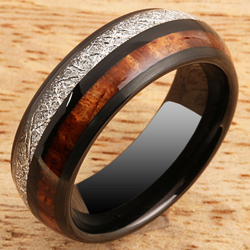Koa Wood and Meteorite Pattern Black Tungsten Wedding Ring 8mm Barrel Shape