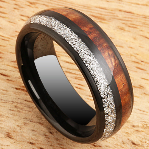 Koa Wood and Meteorite Pattern Black Tungsten Wedding Ring 8mm Barrel Shape