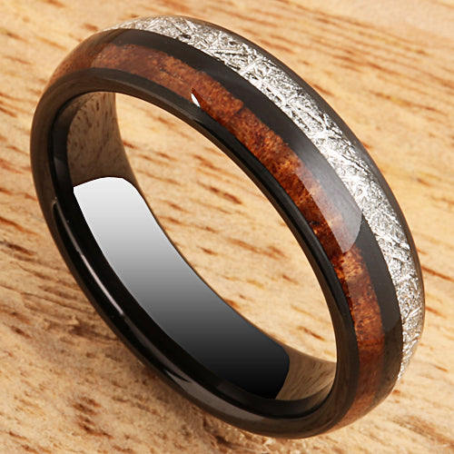 Koa Wood and Meteorite Pattern Black Tungsten Wedding Ring 6mm Barrel Shape