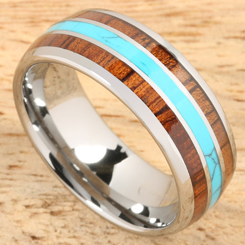 Koa Wood Turquoise Tungsten Wedding Ring 8mm Triple Row Men's Ring