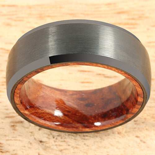 Black Tungsten Koa Wood Double Ring Brush Finished Beveled Edge 8mm