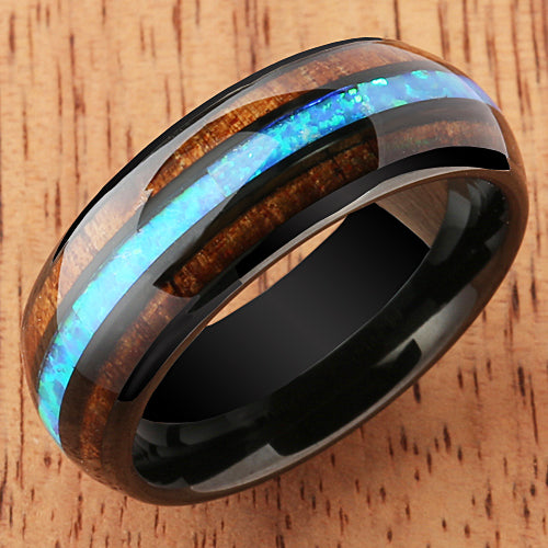 Black Tungsten Opal Koa Wood Ring Barrel Shape 8mm Band