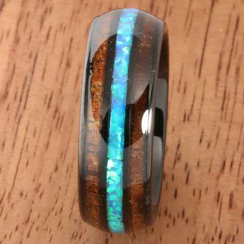 Black Tungsten Hawaiian Koa Wood  Opal Wedding Ring Barrel Shape 8mm/6mm Set