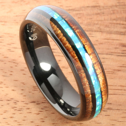 Black Tungsten Opal Koa Wood Ring Barrel Shape 6mm Band