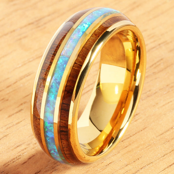 YG Plated Koa Wood Opal Tungsten Wedding Ring 8mm Triple Row Men's Ring