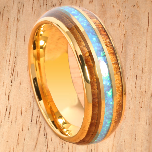 YG Plated Koa Wood Opal Tungsten Wedding Ring 8mm Triple Row Men's Ring