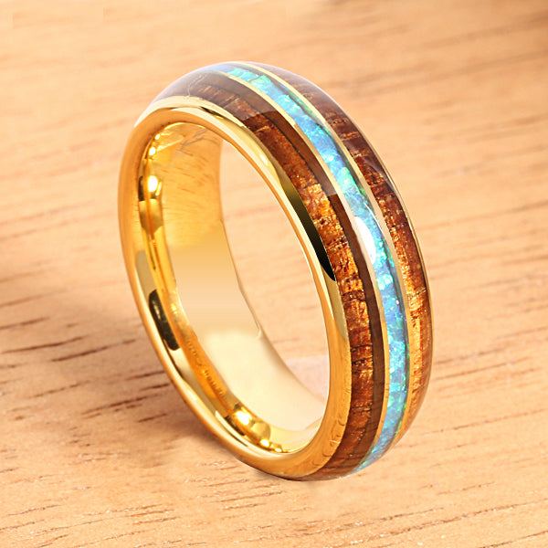 6mm YG Plated Koa Wood Opal Tungsten Wedding Ring Triple Row Men's Ring