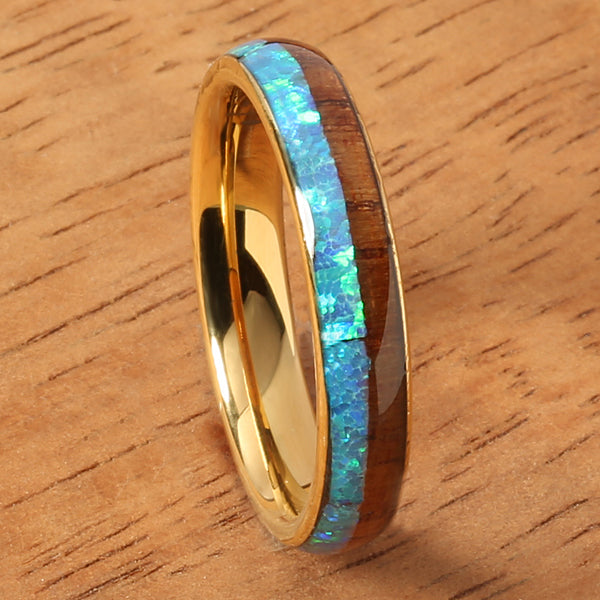 4mm Yellow Gold Tungsten Opal Hawaiian Koa Wood Ring Double Row Two Tone Dome Shape