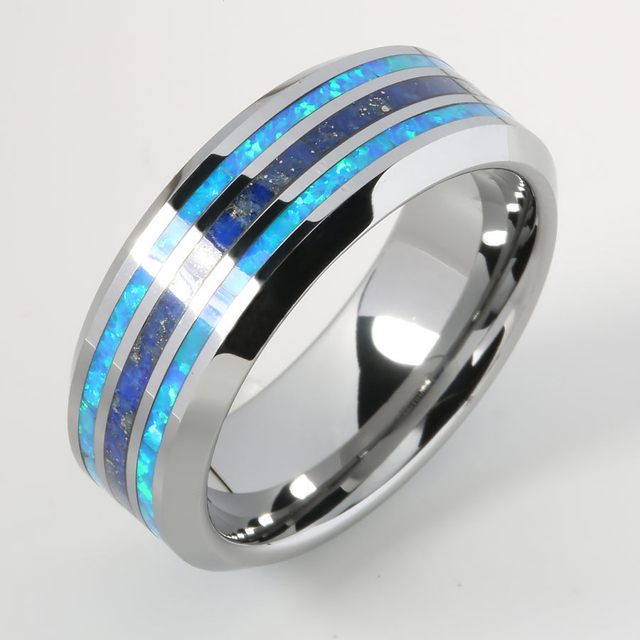 Tungsten Lapis Lazuli and Opal Inlaid Triple Row Beveled Edge Wedding Ring 8mm