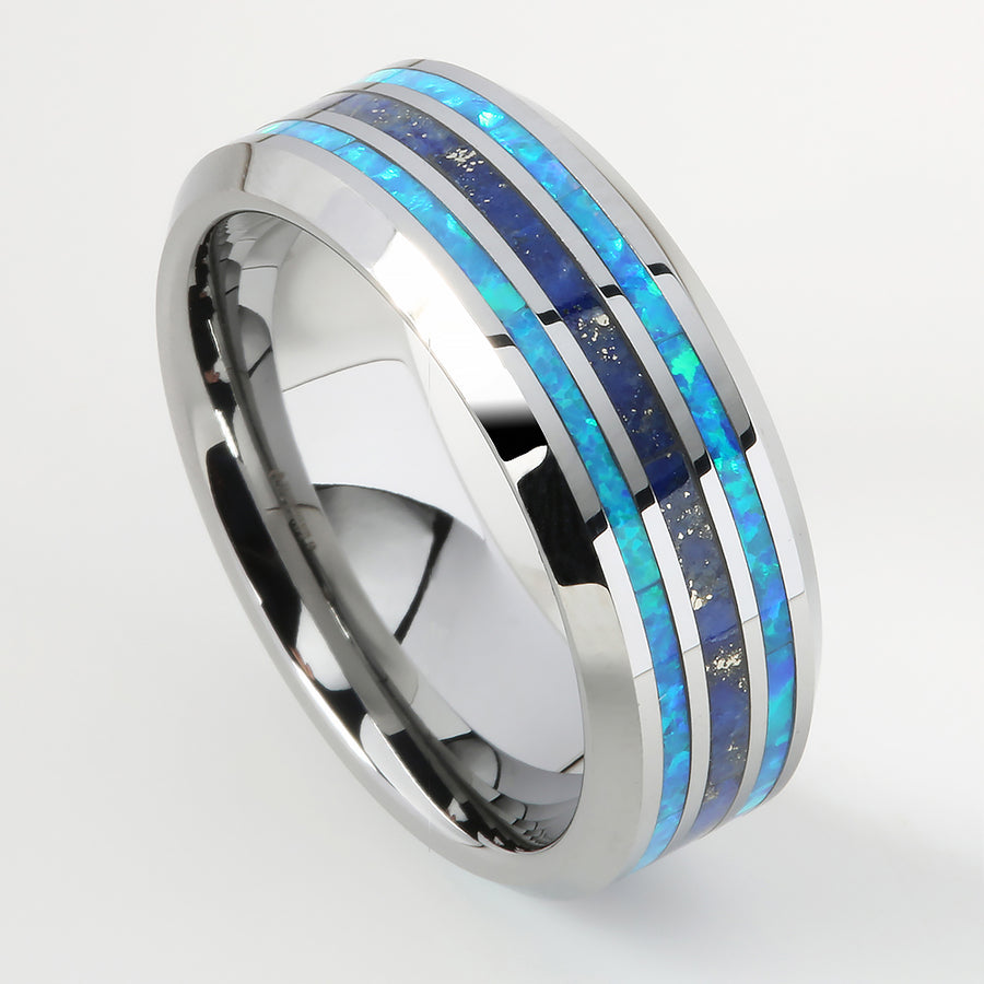 Tungsten Lapis Lazuli and Opal Inlaid Triple Row Beveled Edge Wedding Ring 8mm