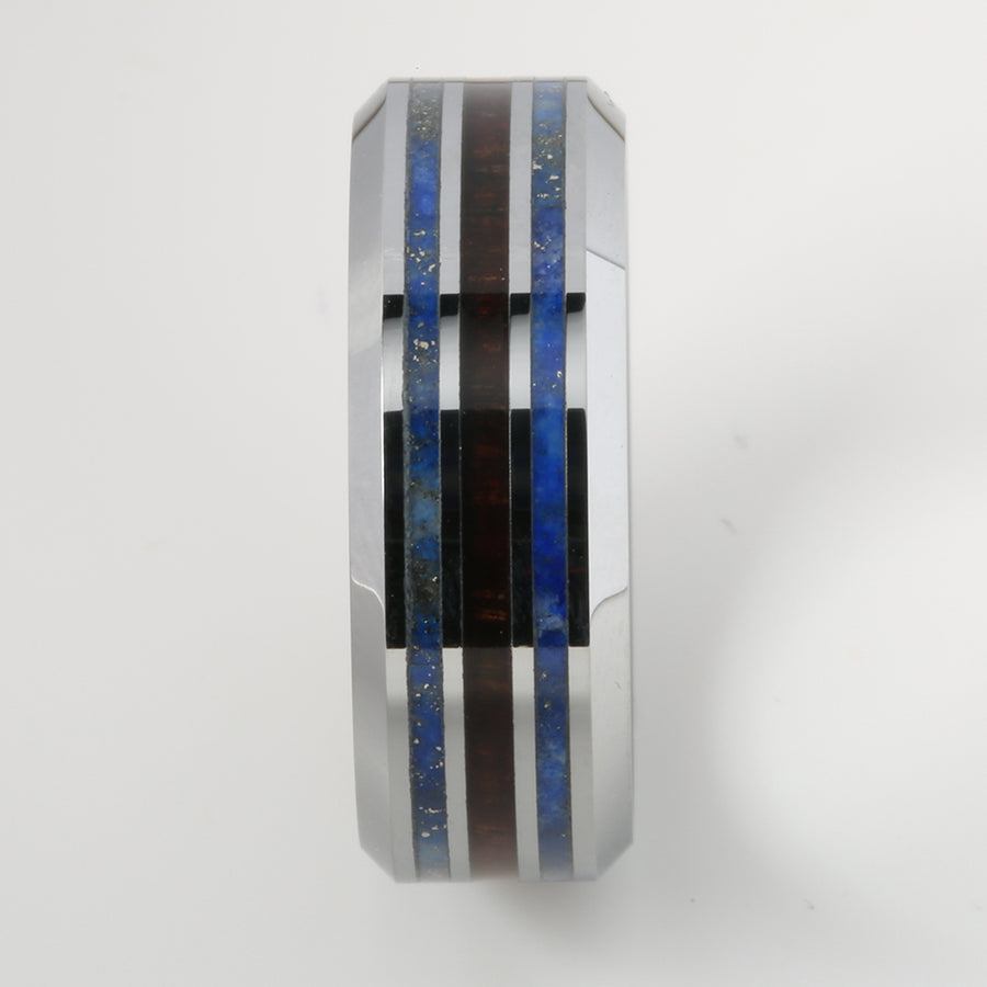 Tungsten Lapis Lazuli and Hawaiian Koa Wood Inlaid Triple Row Beveled Edge Wedding Ring 8mm