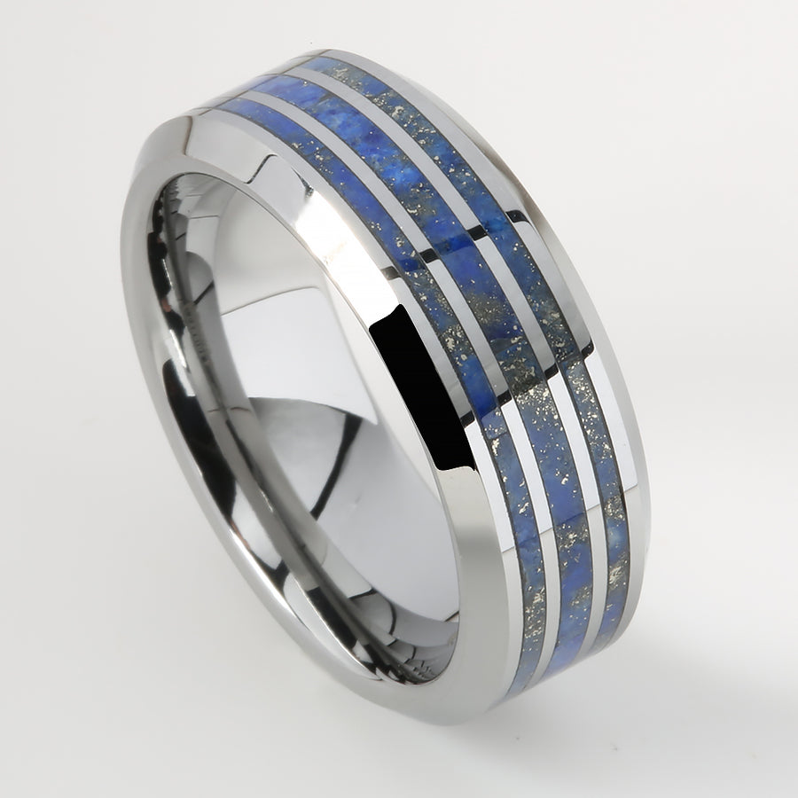 Tungsten Lapis Lazuli Inlaid Triple Row Beveled Edge Wedding Ring 8mm
