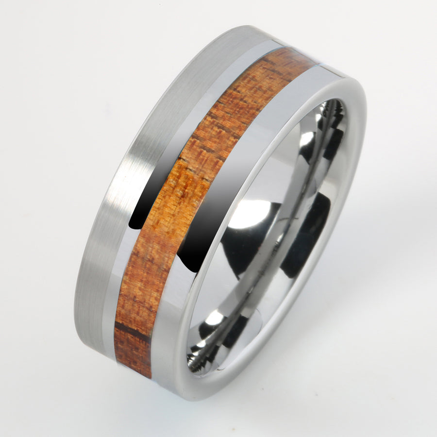 Tungsten Hawaiian Koa Wood Inlaid Flat Brushed Wedding Ring 8mm