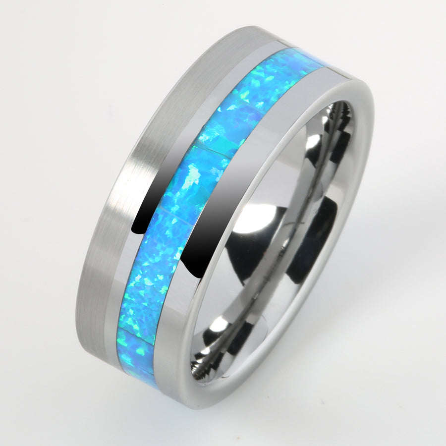 Tungsten Opal Inlaid Flat Brushed Wedding Ring 8mm