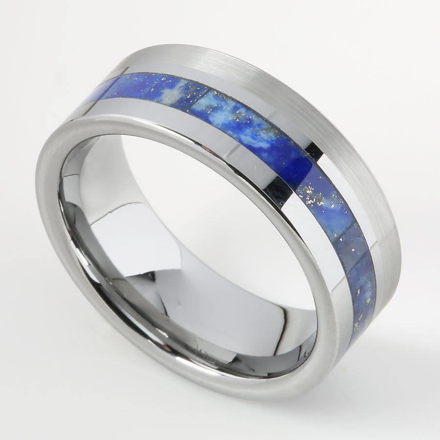 Tungsten Lapis Lazuli Inlaid Flat Brushed Wedding Ring 8mm