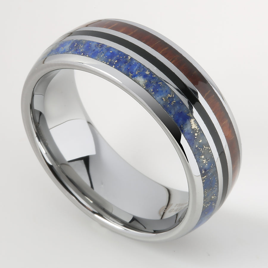 Tungsten Hawaiian Koa Wood and Lapis Lazuli Inlaid Triple Row Oval Wedding Ring 8mm
