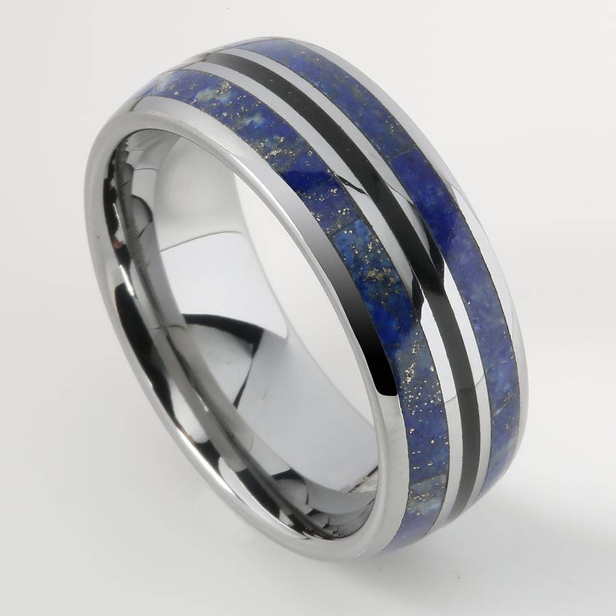 Tungsten Lapis Lazuli Inlaid Triple Row Oval Wedding Ring 8mm