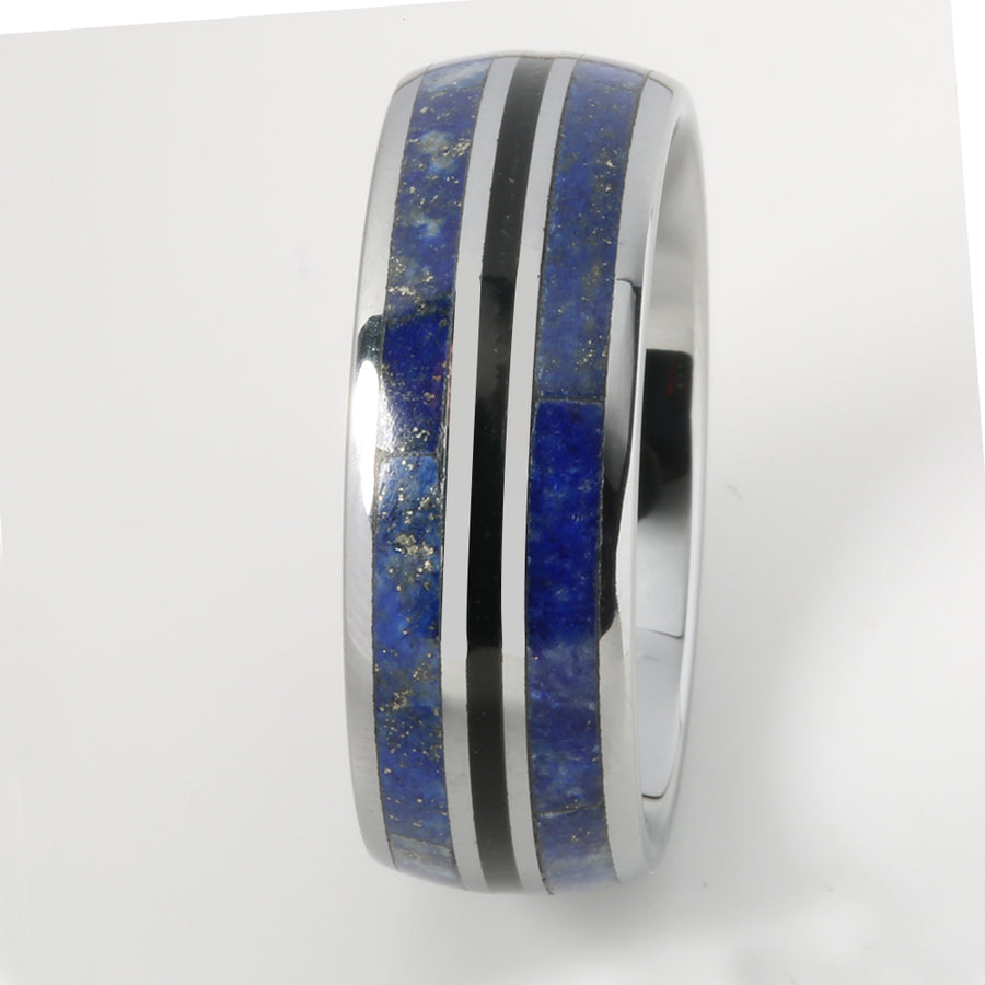 Tungsten Lapis Lazuli Inlaid Triple Row Oval Wedding Ring 8mm