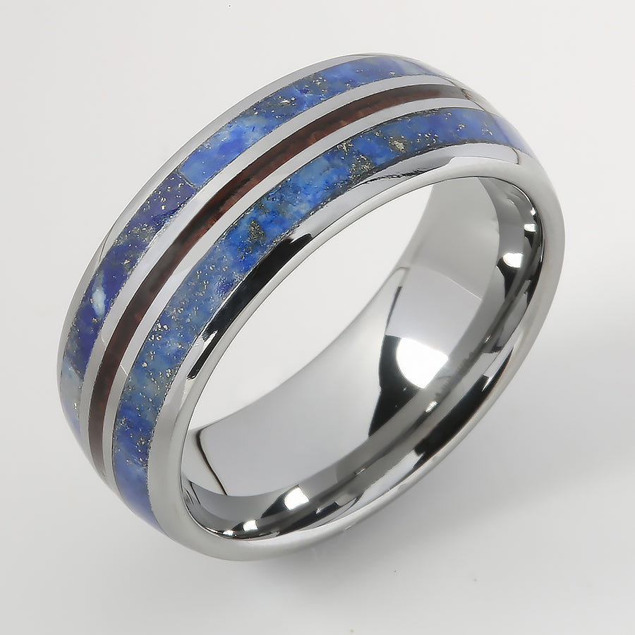 Tungsten Lapis Lazuli and Hawaiian Koa Wood Inlaid Triple Row Oval Wedding Ring 8mm