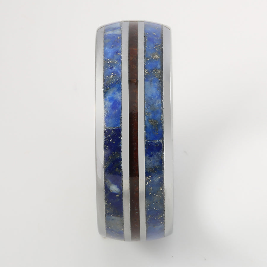 Tungsten Lapis Lazuli and Hawaiian Koa Wood Inlaid Triple Row Oval Wedding Ring 8mm