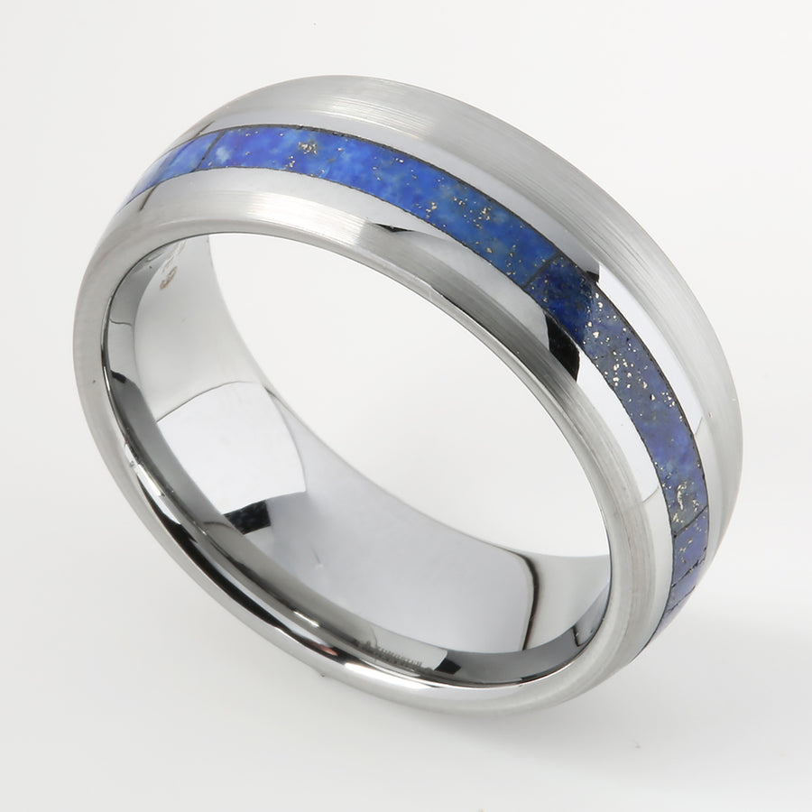 Tungsten Lapis Lazuli Inlaid Oval Brushed Wedding Ring 8mm