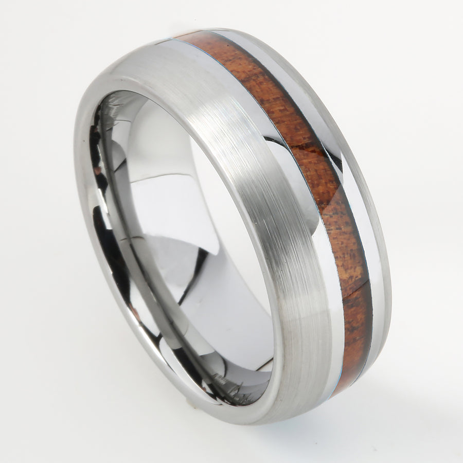 Tungsten Hawaiian Koa Wood Inlaid Oval Brushed Wedding Ring 8mm