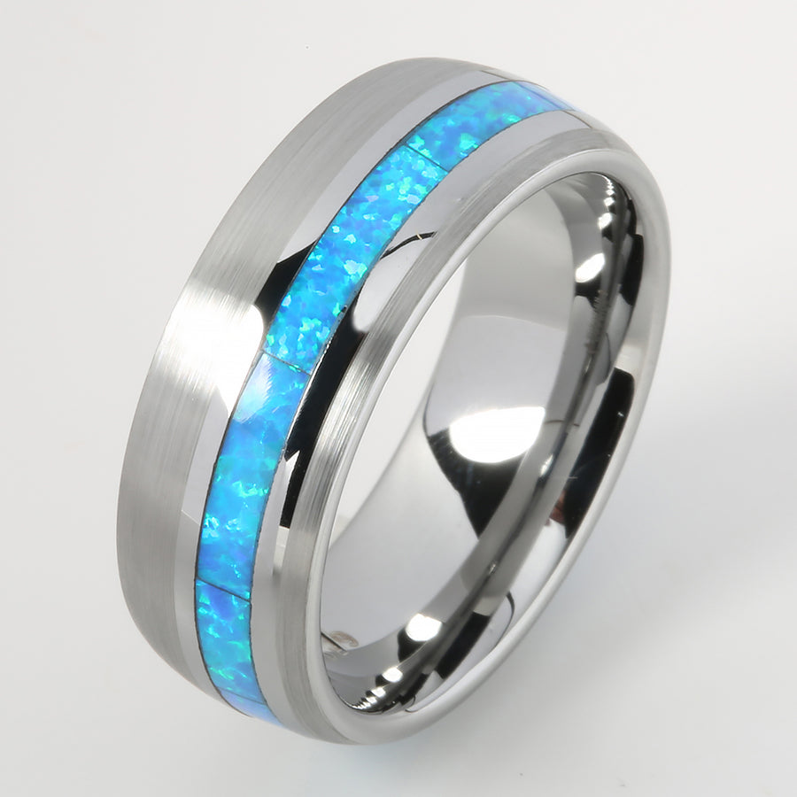 Tungsten Opal Inlaid Oval Brushed Wedding Ring 8mm