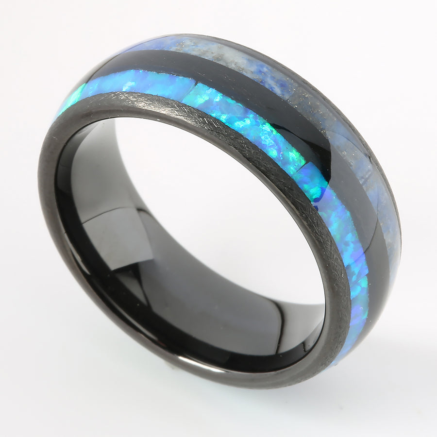 Black Tungsten Lapis Lazuli and Opal Inlaid Double Row Oval Wedding Ring 8mm