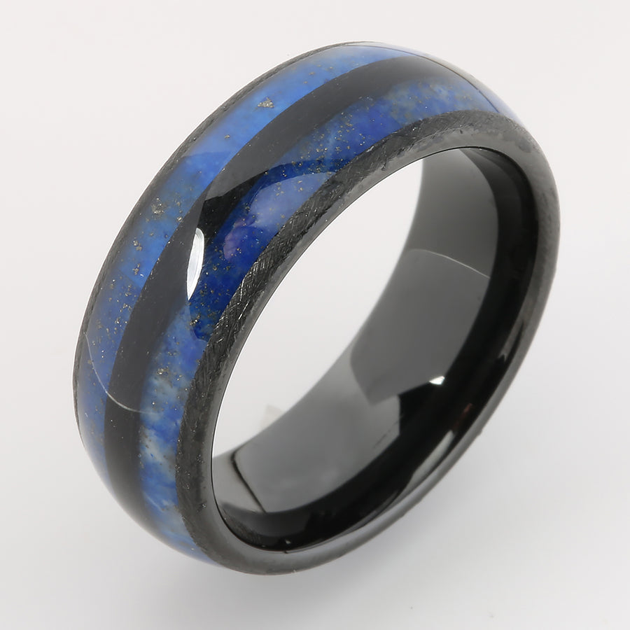 Black Tungsten Lapis Lazuli Inlaid Double Row Oval Wedding Ring 8mm