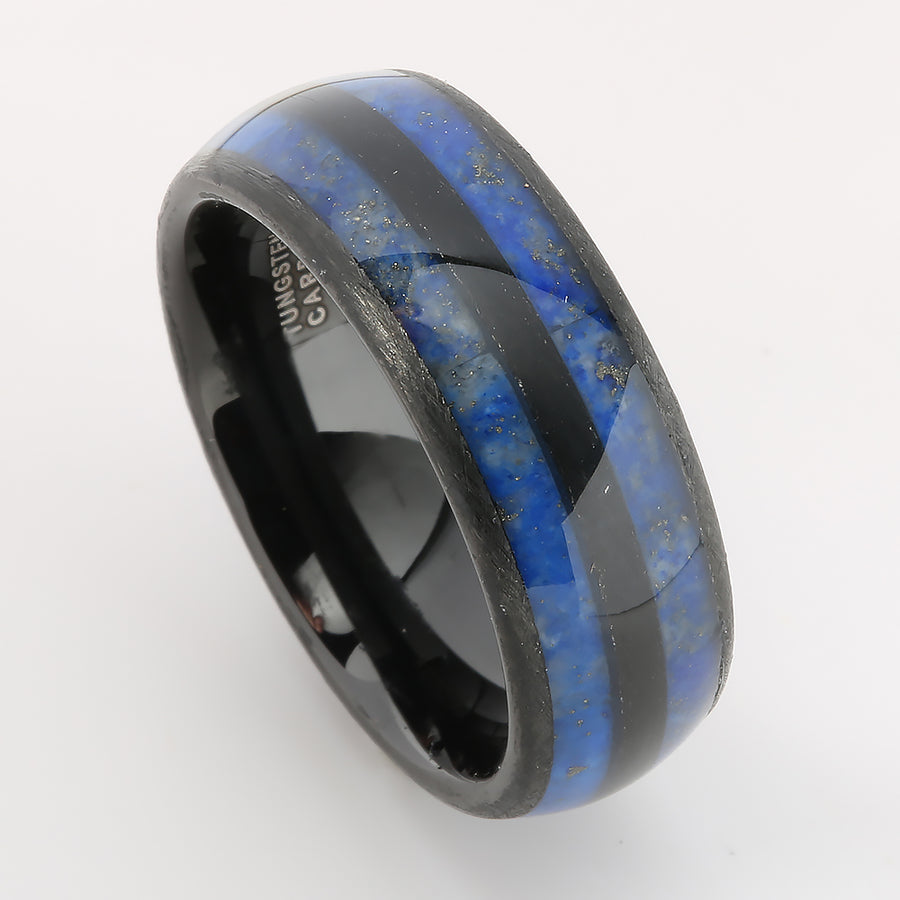 Black Tungsten Lapis Lazuli Inlaid Double Row Oval Wedding Ring 8mm