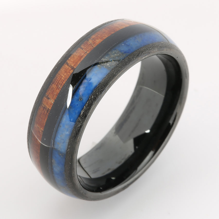 Black Tungsten Hawaiian Koa Wood and Lapis Lazuli Inlaid Double Row Oval Wedding Ring 8mm