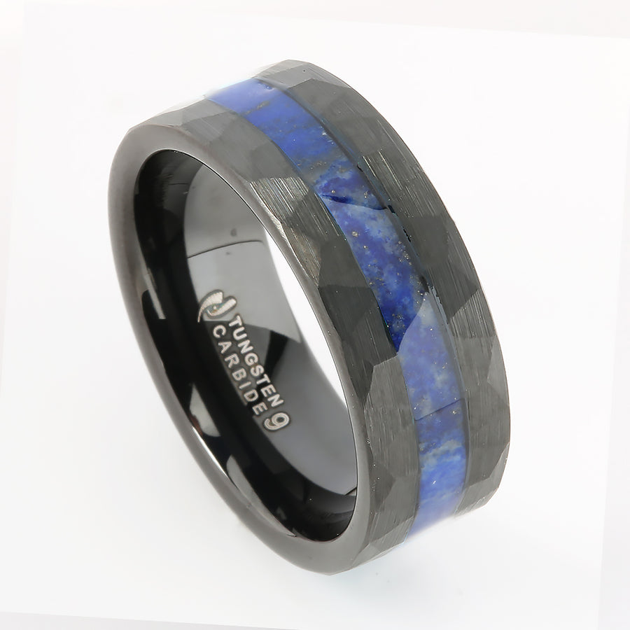 Black Tungsten Lapis Lazuli Inlaid Diamond Cut Flat Wedding Ring 8mm