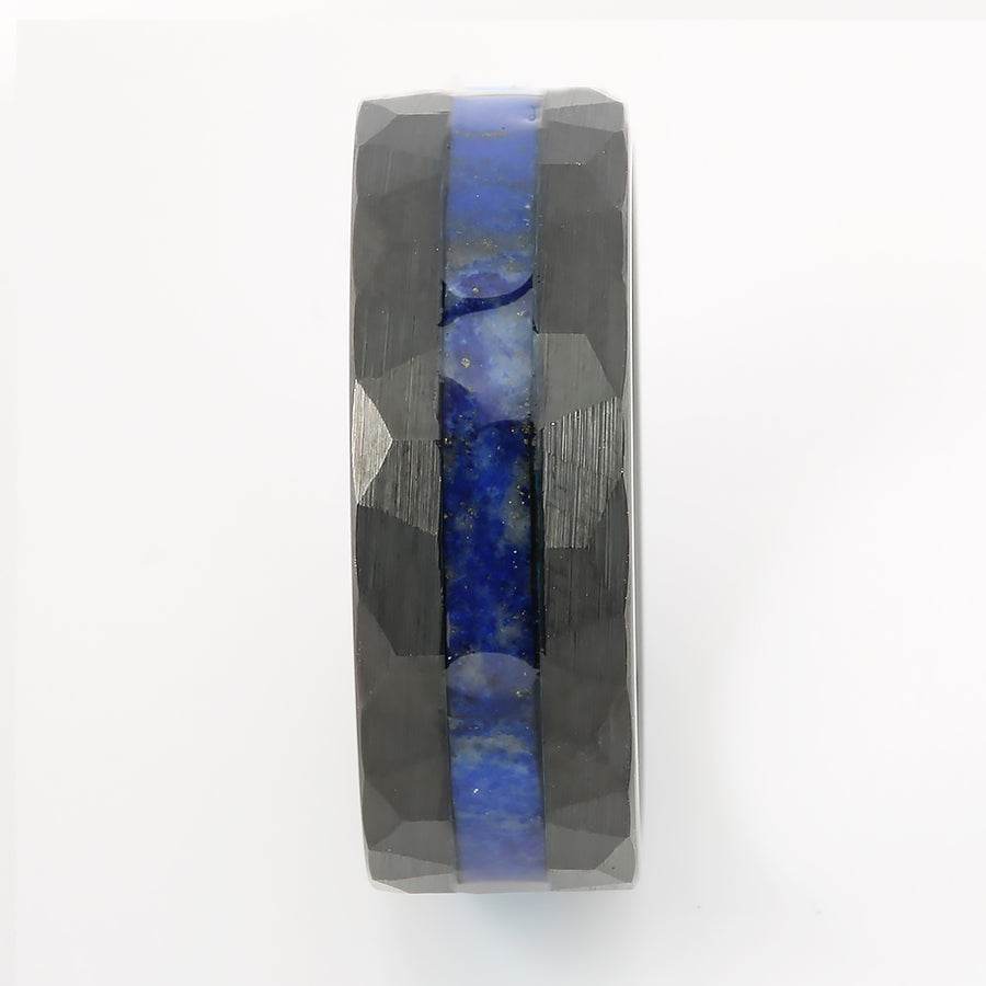 Black Tungsten Lapis Lazuli Inlaid Diamond Cut Flat Wedding Ring 8mm