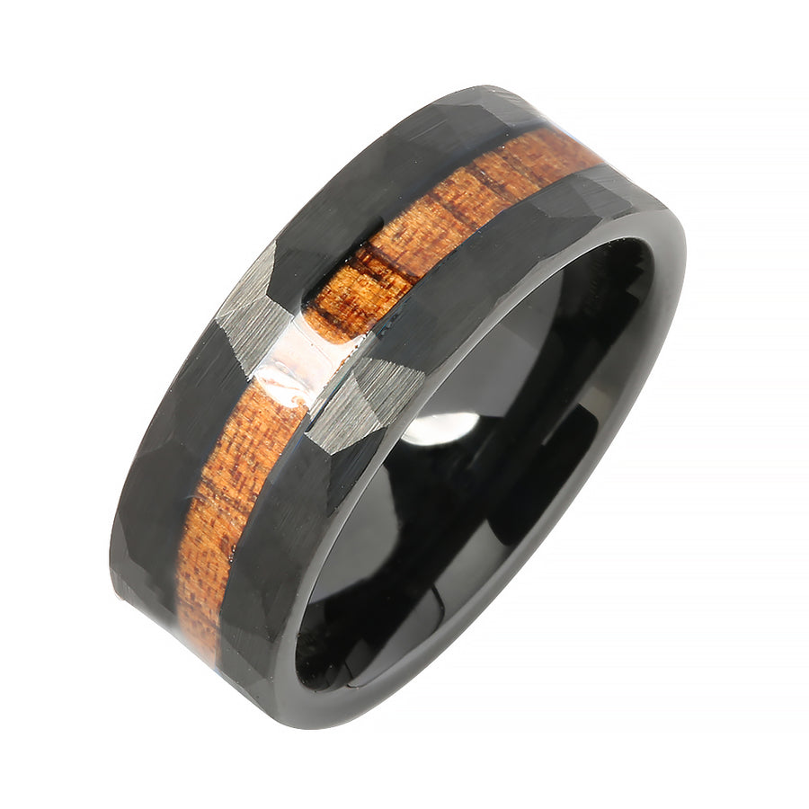 Black Tungsten Hawaiian Koa Wood Inlaid Diamond Cut Flat Wedding Ring 8mm