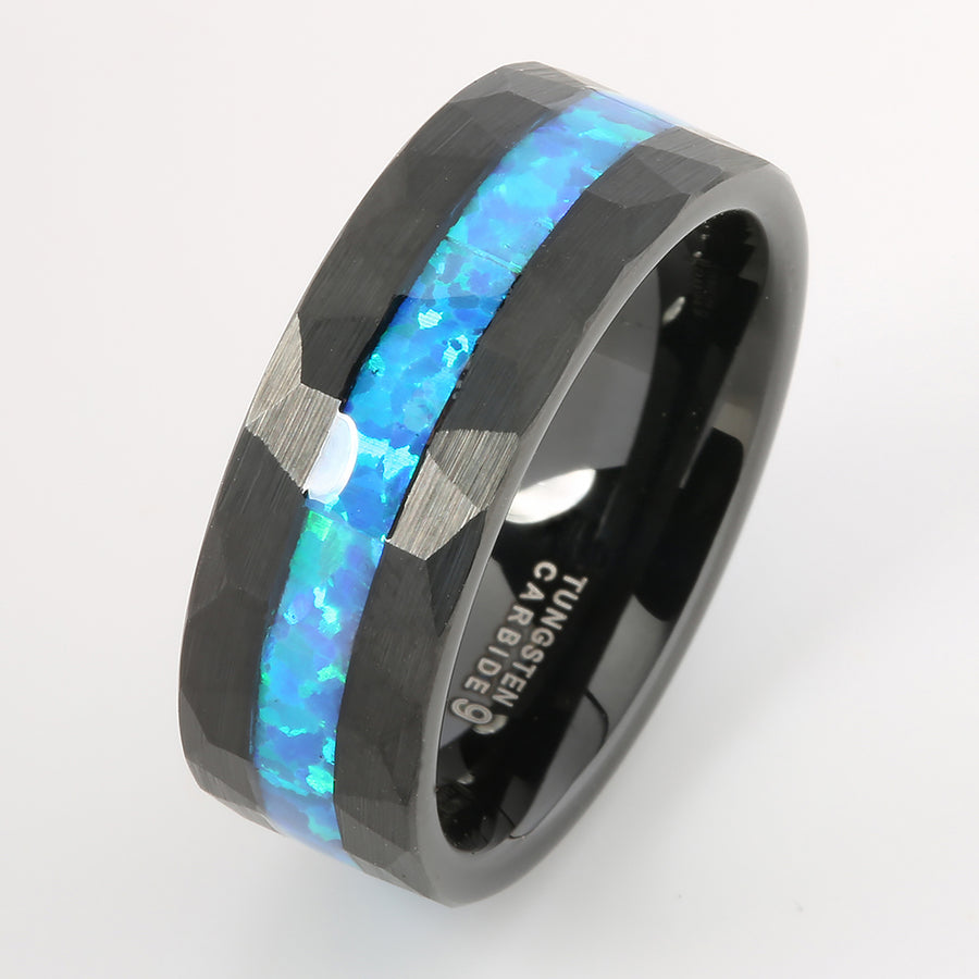 Black Tungsten Opal Inlaid Diamond Cut Flat Wedding Ring 8mm